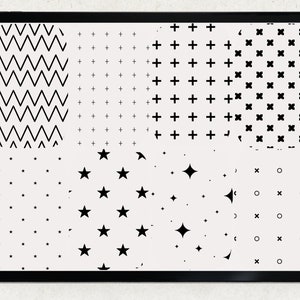 A digital tablet screen displaying a variety of black and white geometric patterns. The patterns include zigzags, plus signs, stars, and circles.