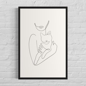 Frau hält Katze Linie Kunstdruck, Haustier Katze Linie Wand Poster, Katzenliebhaber, Katze Minimalistisches Poster, bedruckbar, digitaler Download