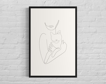 Frau hält Katze Linie Kunstdruck, Haustier Katze Linie Wand Poster, Katzenliebhaber, Katze Minimalistisches Poster, bedruckbar, digitaler Download