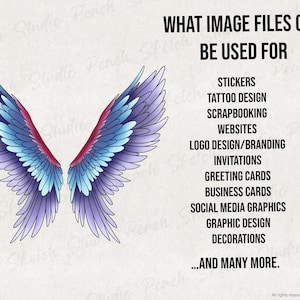 Black text on the right which says 'WHAT CLIP ART IMAGES CAN BE USED FOR' and below that lists various uses including stickers, scrapbooking, websites, logo design, branding, invitations, greeting cards, business cards, icons for mobile, posters, tattoo stencils, graphic design, decorations, and many more. On the left is a wing design included filled in with Purple and blue tones showing an example.