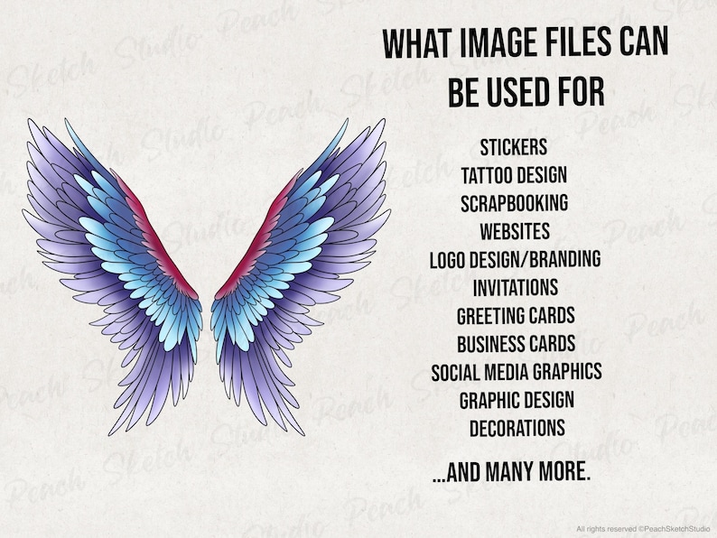Black text on the right which says 'WHAT CLIP ART IMAGES CAN BE USED FOR' and below that lists various uses including stickers, scrapbooking, websites, logo design, branding, invitations, greeting cards, business cards, icons for mobile, posters, tattoo stencils, graphic design, decorations, and many more. On the left is a wing design included filled in with Purple and blue tones showing an example.
