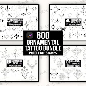 Lot de 600 tampons Procreate pour tatouages ornementaux, pochoirs de tatouages à traits fins, pinceaux Procreate (téléchargement numérique)