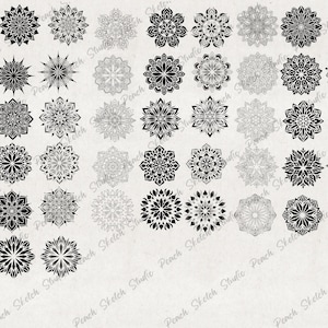 A collection of 36 black and white mandala designs. The mandalas are arranged in a grid pattern on a light gray background. The mandalas are intricate and detailed, with a variety of geometric shapes and patterns.