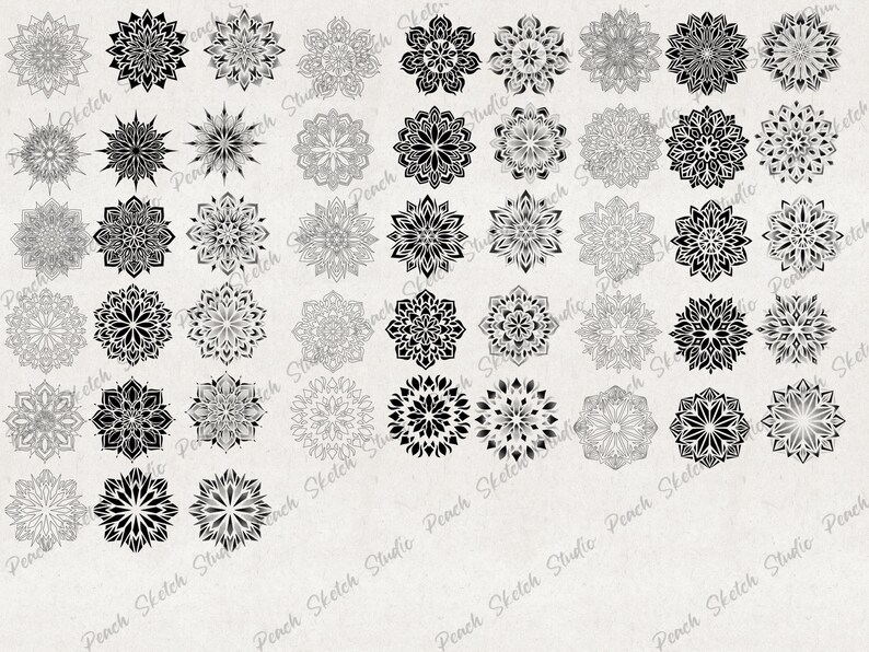 A collection of 36 black and white mandala designs. The mandalas are arranged in a grid pattern on a light gray background. The mandalas are intricate and detailed, with a variety of geometric shapes and patterns.