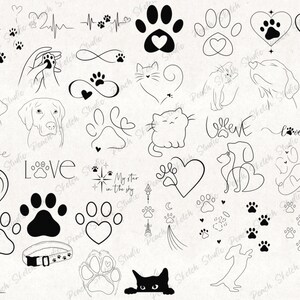 A collection designs included with black fine lines. Illustrations include simple cat line art, dachshund outline, ornamental design with paw prints, dog collar, love, dog sketch line art, hearts. Perfect designs for flash tattoo stencils, clip art, stickers, decals, scrapbooking, digital journals, logos and website illustration, colouring books. These original hand drawn designs have been popular as patchwork tattoo flash sheets due to the fine line details.
