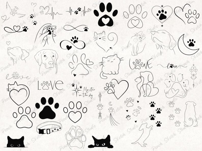 A collection designs included with black fine lines. Illustrations include simple cat line art, dachshund outline, ornamental design with paw prints, dog collar, love, dog sketch line art, hearts. Perfect designs for flash tattoo stencils, clip art, stickers, decals, scrapbooking, digital journals, logos and website illustration, colouring books. These original hand drawn designs have been popular as patchwork tattoo flash sheets due to the fine line details.