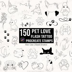 150 Procreate-stämplar för husdjurstatueringar, djurtatueringsdesigner med fina linjer, Procreate-penselset (digital nedladdning)