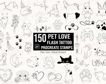 150 Pet Tattoo Procreate Stamps, Animal Flash Fine Line Tattoo Designs, Procreate Brush Set (Digital Download)