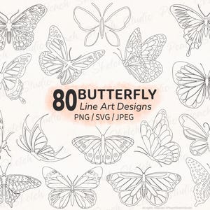 80 Schmetterling Designs: SVG PNG JPEG Fine Line Tattoo Schablone Clipart (Digitaler Download)