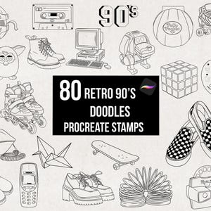 80 procreate retro jaren 90 doodle postzegels borstel set bundel, nostalgie old school zeer fijne tekeningen, games, sneakers, speelgoed, elektronica, digitale download