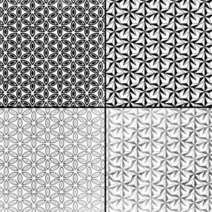 Pode incluir: Quatro padr&otilde;es geom&eacute;tricos em preto e branco. O padr&atilde;o no canto superior esquerdo &eacute; um desenho de flores repetitivo. O padr&atilde;o no canto superior direito &eacute; um desenho de estrelas repetitivo. O padr&atilde;o no canto inferior esquerdo &eacute; um desenho de flores repetitivo com um efeito degrad&ecirc;. O padr&atilde;o no canto inferior direito &eacute; um desenho de estrelas repetitivo com um efeito degrad&ecirc;.