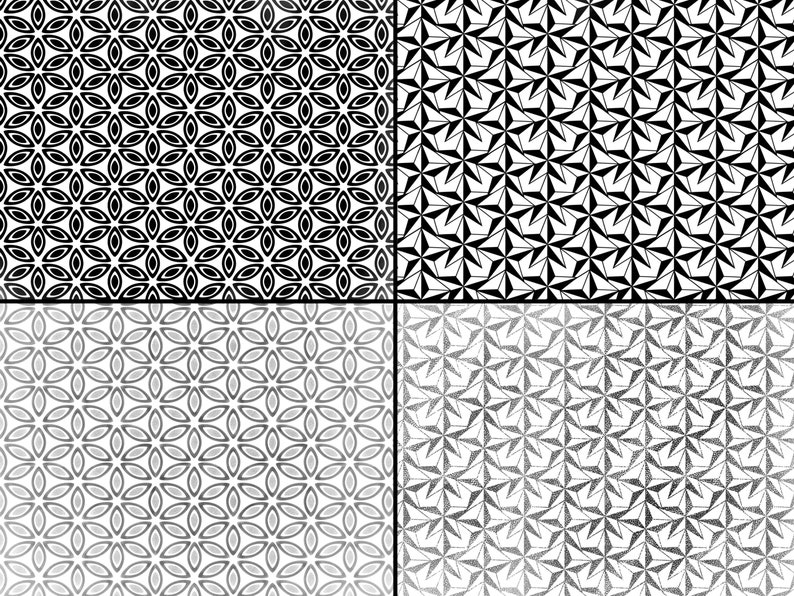 Pode incluir: Quatro padr&otilde;es geom&eacute;tricos em preto e branco. O padr&atilde;o no canto superior esquerdo &eacute; um desenho de flores repetitivo. O padr&atilde;o no canto superior direito &eacute; um desenho de estrelas repetitivo. O padr&atilde;o no canto inferior esquerdo &eacute; um desenho de flores repetitivo com um efeito degrad&ecirc;. O padr&atilde;o no canto inferior direito &eacute; um desenho de estrelas repetitivo com um efeito degrad&ecirc;.
