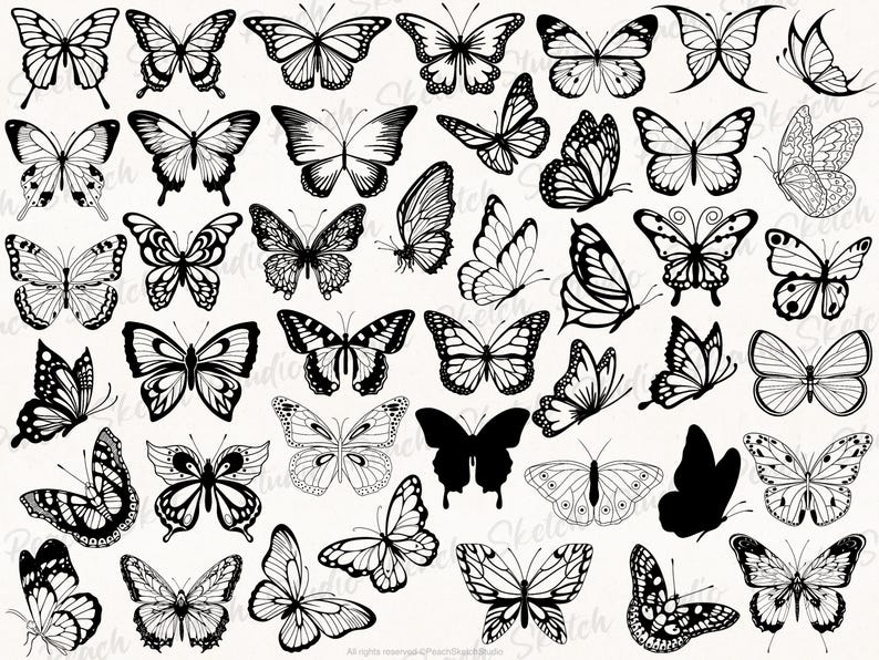 An overview display of some of the butterfly designs included, mixed between fancy, minimalistic and detailed butterflies. Ideal for tattoo flash designs and stencils and other digital projects.