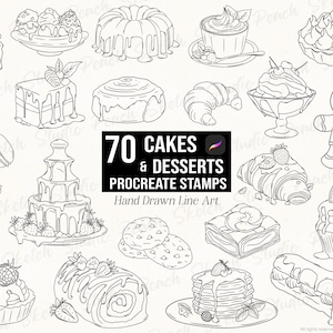 70 Cakes & Desserts Procreate Stamps, Bakery Sweet Treats Hand Drawn Line Art, Procreate Brush Set (Digital Download)
