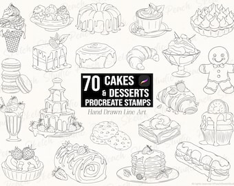 70 Kuchen & Desserts Procreate Stempel, Bäckerei Süße Leckereien, Hand gezeichnet Line Art, Procreate Pinselset (Digitaler Download)