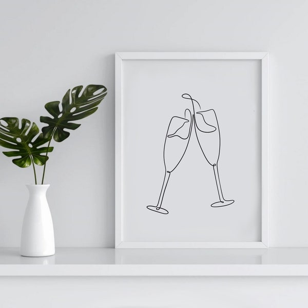 Champagne Glasses Line Art Print, Cheers Kitchen Poster Art,  Simplistic, Black and White, Minimalistic Line Art, Digital Download Printable