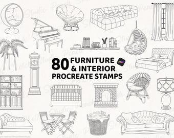 80 House Furniture Procreate Stamps, Home Interior Design, Procreate Brush Set (Digital Download)