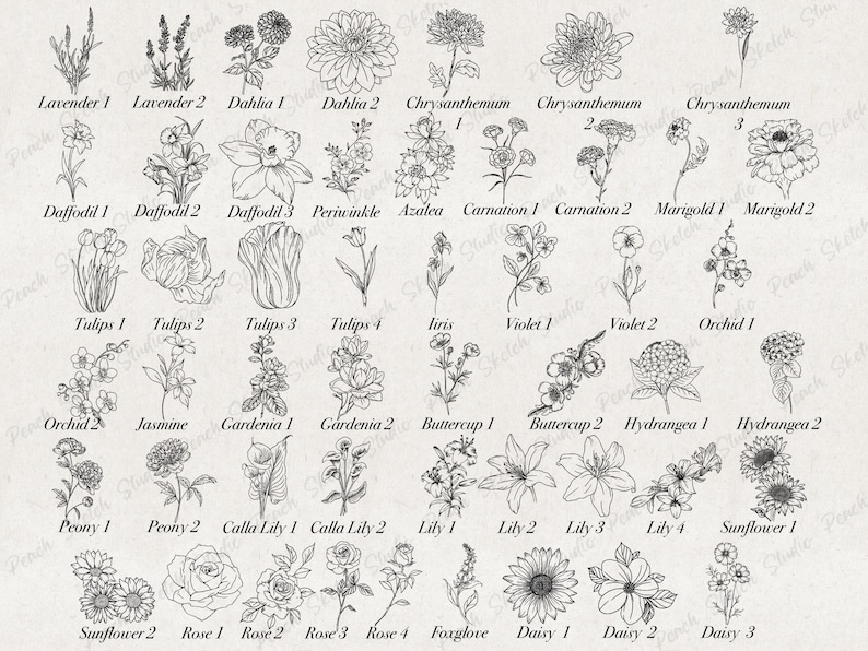 50 Flower Procreate Stamps, Fine Line Tattoo Designs, Floral ...