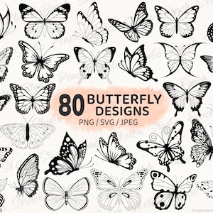80 modèles de papillons, PNG SVG JPEG, pochoir tatouage papillon, clipart dessinés à la main (téléchargement numérique)