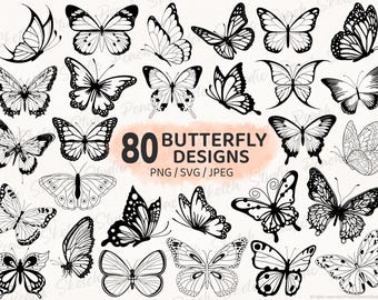 80 Schmetterling Designs: PNG SVG JPEG Hand gezeichnet Tattoo Schablone Clipart (Digitaler Download)