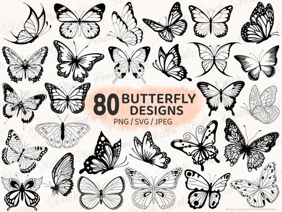 80 Butterfly Designs, PNG SVG JPEG, Butterfly Tattoo Stencil, Hand Drawn Clipart (Digital Download)
