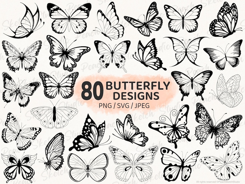A collection of 80 butterfly designs, line drawings and silhouette butterflies in JPEG, PNG and SVG image format. The designs are in a variety of styles, including simple, intricate, and whimsical. Personal and commercial use digital download.