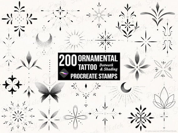 200 Ornamental Tattoo Procreate Stamps, Fine Line Tattoo Design Stencils, Procreate Brushes (Digital Download)