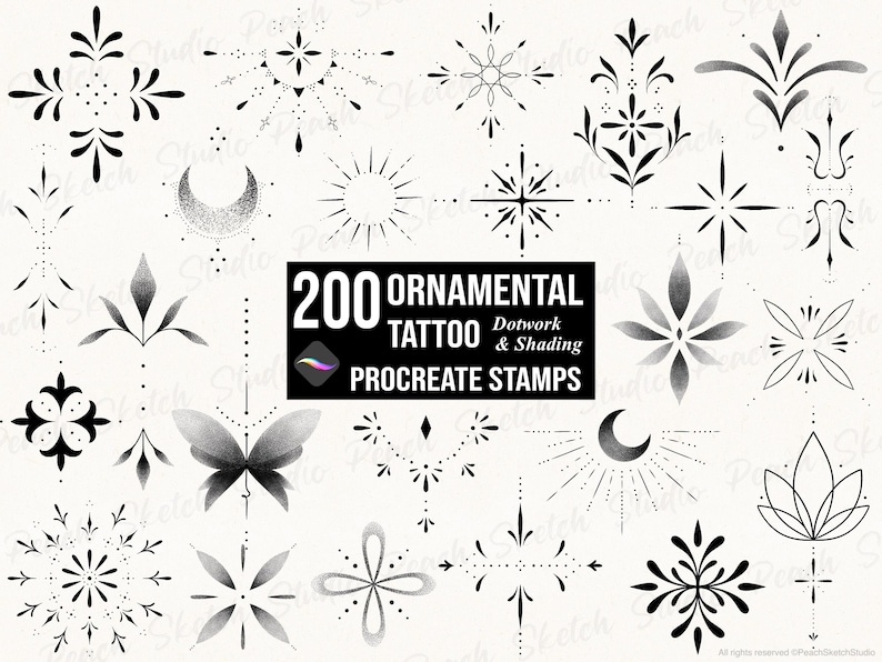 Set of 200 Ornamental tattoo design, Procreate brush stamps. Unique fine line designs with delicate filigree, floral, and ornate elements. 100 designs included with 2 versions, black lines only and the other having shading and dotwork. A selection of designs included are shown in black on a textured background. Created to be used as tattoo stencils, templates and more.