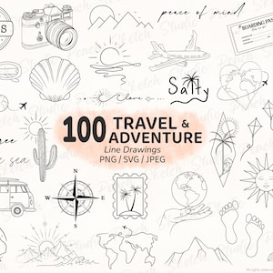 100 Travel & Adventure Designs, PNG JPEG SVG, Fine Line Tattoo Stencils, Clipart (Digital Download)