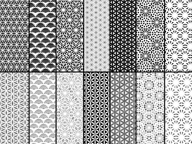 Pode incluir: Um conjunto de 18 padr&otilde;es geom&eacute;tricos em preto e branco. Os padr&otilde;es s&atilde;o organizados em uma grade de 3 linhas e 6 colunas. Cada padr&atilde;o &eacute; uma varia&ccedil;&atilde;o diferente de um design geom&eacute;trico.