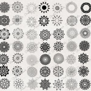A collection of 49 black and white mandala designs. The mandalas are arranged in a grid pattern on a light gray background. The mandalas are intricate and detailed, with a variety of shapes and patterns.