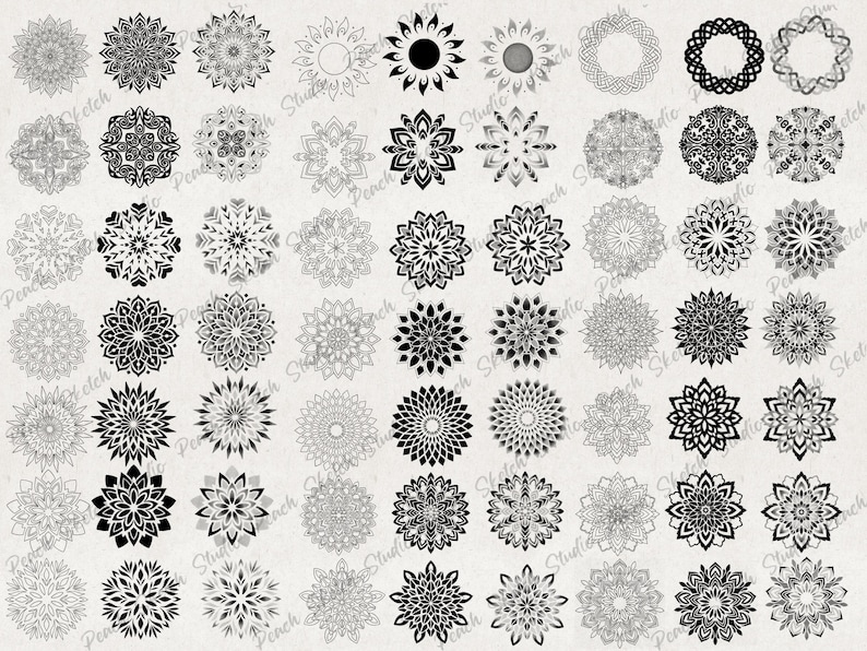 A collection of 49 black and white mandala designs. The mandalas are arranged in a grid pattern on a light gray background. The mandalas are intricate and detailed, with a variety of shapes and patterns.