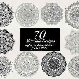 70 illustrazioni di design mandala JPEG PNG Mandala Tattoo Designs di alta qualità altamente dettagliato Mandala disegnato a mano Bundle di linee Download digitale