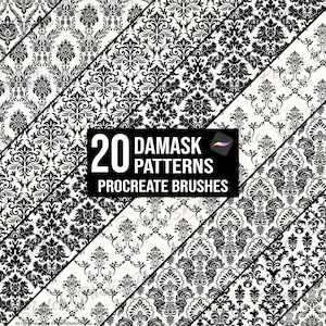 20 Damastmuster Procreate Pinsel, handgezeichnete nahtlose Blumenmuster (Digitaler Download)