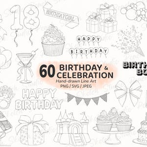 60 Birthday & Celebration Designs, PNG SVG JPEG Hand Drawn Line Art Stencils, Clipart (Digital Download)