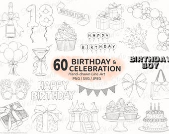60 modèles d'anniversaire et de célébration, PNG SVG JPEG dessinés à la main des pochoirs d'art en ligne, des cliparts (téléchargement numérique)
