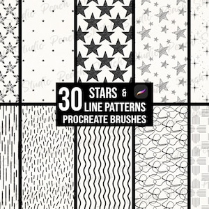 星と線模様のProcreateブラシ30種類、シームレスパターン、ブラシセット（デジタルダウンロード）