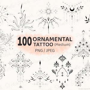 100 Ornamental Tattoo Designs, PNG JPEG Fine Line Tattoo Stencils, Medium (Digital Download)