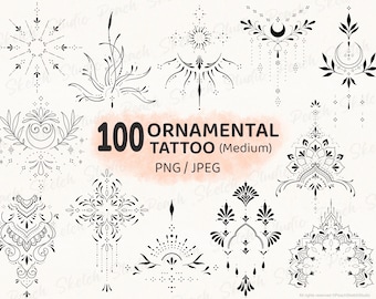 100 Ornamental Tattoo Designs, PNG JPEG Fine Line Tattoo Stencils, Medium (Digital Download)