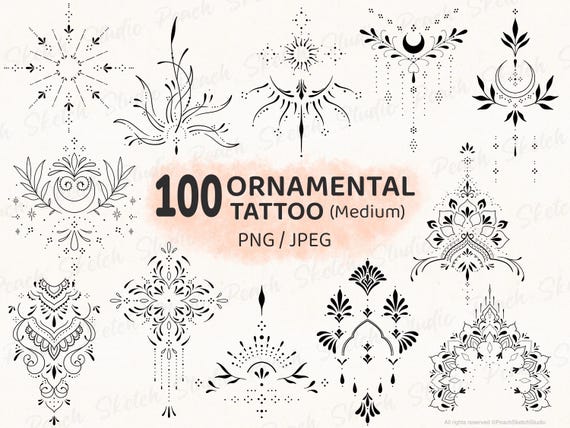 100 Ornamental Tattoo Designs, PNG JPEG, Fine Line Tattoo Stencils, Hand Drawn (Digital Download)