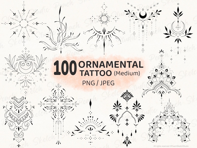 Set of 100 Ornamental tattoo design in PNG and JPEG image format. Medium in size, unique fine line designs with delicate filigree, floral, and ornate elements. Hand drawn, original designs ideal for tattoo stencils, hand poke tattoos, templates and more. Fine line tattoo template designs, digital download.