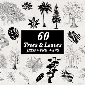 60 Trees & Leaves Designs, PNG JPEG, Hand Drawn Forest Illustrations, Clipart (Digital Download)
