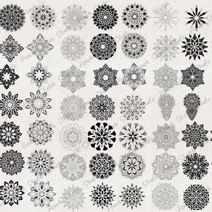 A collection of 64 black and white mandala designs. The mandalas are arranged in a grid pattern and are all different sizes and shapes. The mandalas are all intricate and detailed, and they would be perfect for use in a variety of projects, such as coloring books, tattoos, or home decor.
