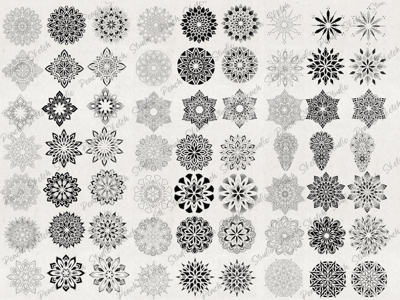 A collection of 64 black and white mandala designs. The mandalas are arranged in a grid pattern and are all different sizes and shapes. The mandalas are all intricate and detailed, and they would be perfect for use in a variety of projects, such as coloring books, tattoos, or home decor.