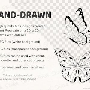 Information text for these designs which reads: High quality files, hand drawn designs created on a 10’x10’ canvas with 300dpi. JPEG’s have a white background, PNG’s have a transparent background,  SVG files are compatible with Cricut, Silhouette, and other cutting machines. Two butterfly designs included show next to the text.