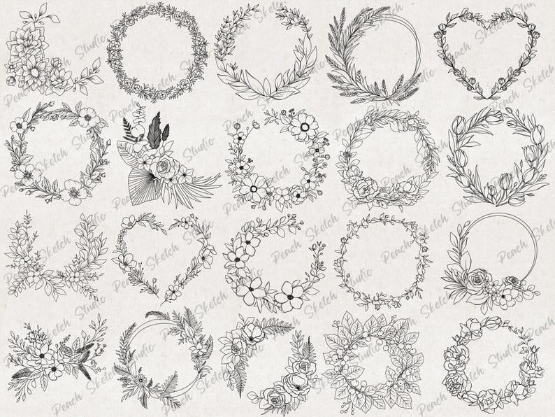 50 Flower Wreath Procreate Stamps, Botanical Line Art, Floral Procreate ...
