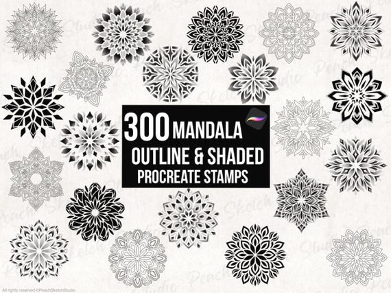 300 種類のマンダラ Procreate スタンプ、タトゥー デザイン ドット