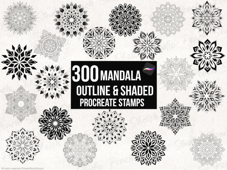 This set is for 300 Mandala Tattoo Designs in Procreate Brush Stamps. Detailed hand drawn designs with a selection shown. 3 variations included of each, outline only with fine lines, dotwork shading and block colour. Created for tattoo stencil and digital illustrations.