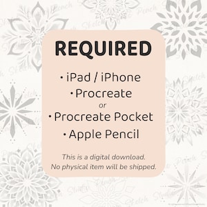 Text stating requirements for using Procreate brush stamps. Information lists: iPad or iPhone, Procreate or Procreate Pocket, and Apple Pencil. This is a digital download with no physical item shipped. Faded background showing some of the delicate mandala tattoo designs with Dotwork and shading, block colour and outline only.