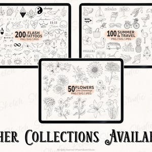 Other collections available from Peach Sketch Studio. The main listing image shown for ‘200 flash tattoo designs’, ‘50 fine line floral tattoo designs’ and ‘100 summer and travel doodle designs’.